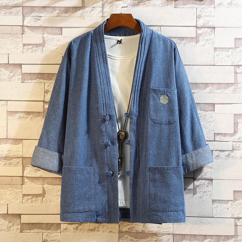 Herren Frühling Denim Tang Anzug Jacke mit chinesischen Froschknöpfen: Zen-inspirierte taoistische Hanfu-Robe