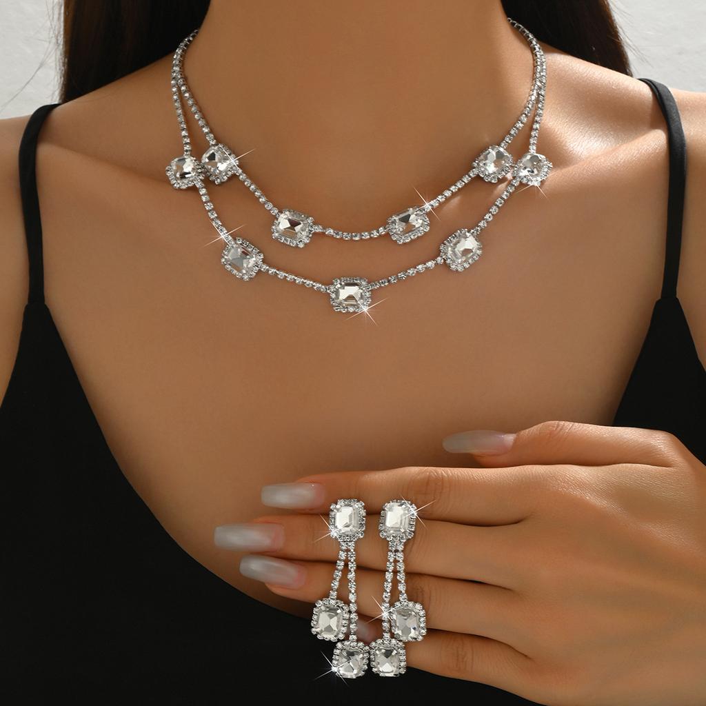Zircon Square Fringed Earrings, Royal Style Earrings and Necklace, Luxurious Wedding Accessory