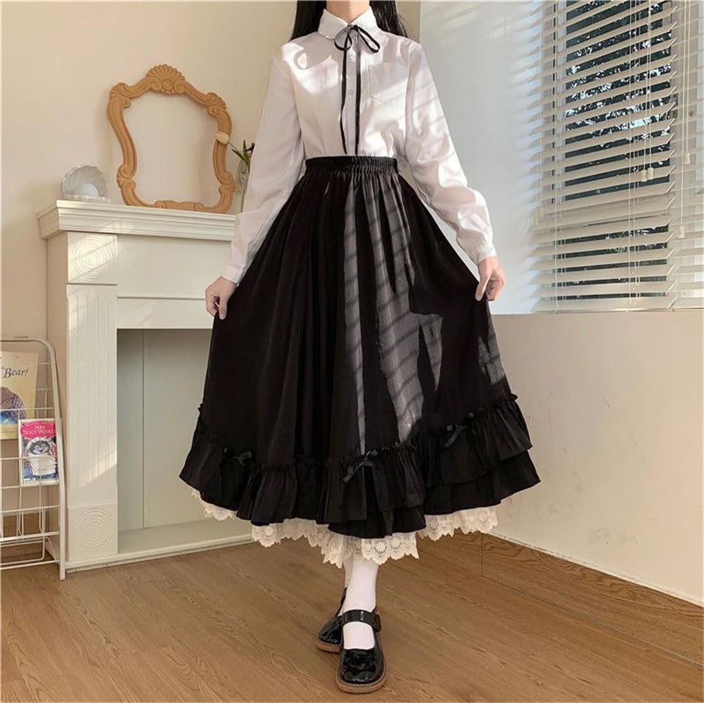 Pleated Skirt with Lace High Elastic Solid Half Everyday Fall [SDSXZWG] Women's Bowknot, Waist, Dress, Ruffles, Color, A-Line, Casual, Cute,