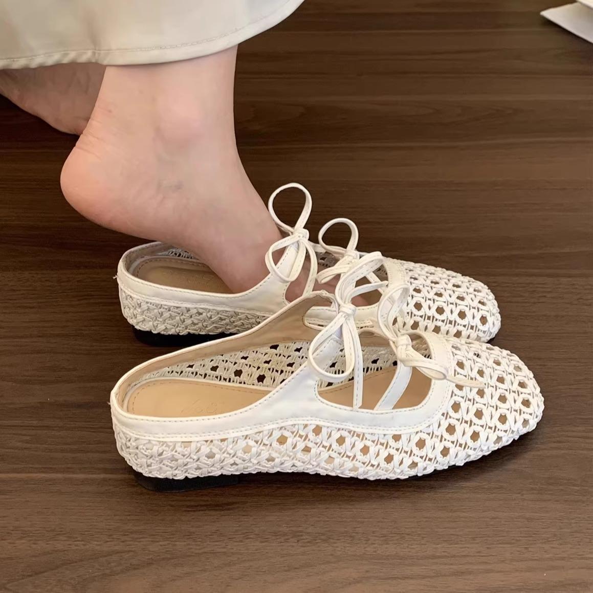 

Inner heightening bag head half slippers women s summer outer wear new French woven hollow sandals bow Mary Jane single shoes 35