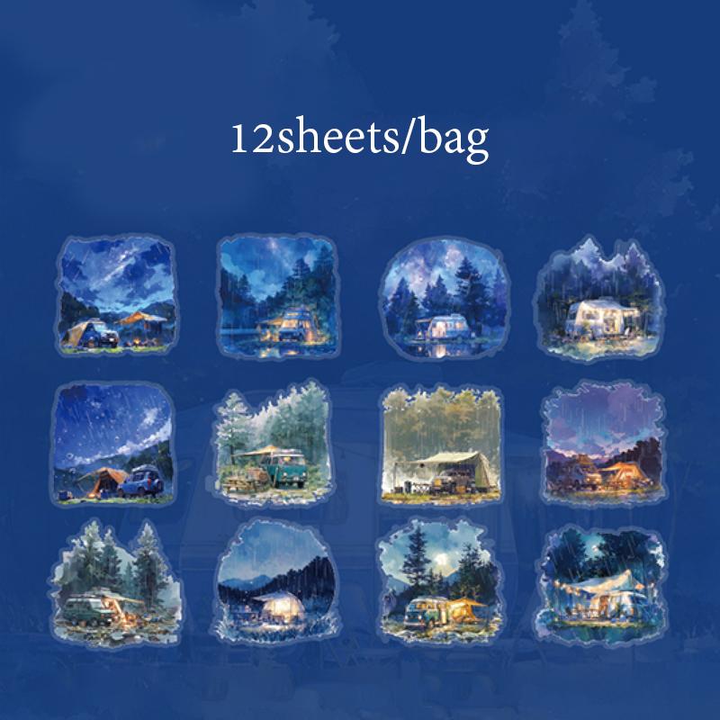 12pcs/bag PET Sticker Pack Romantic Rainy Season Window Night View Pattern Atmosphere Stickers DIY Envelope Gift Memo Decoration