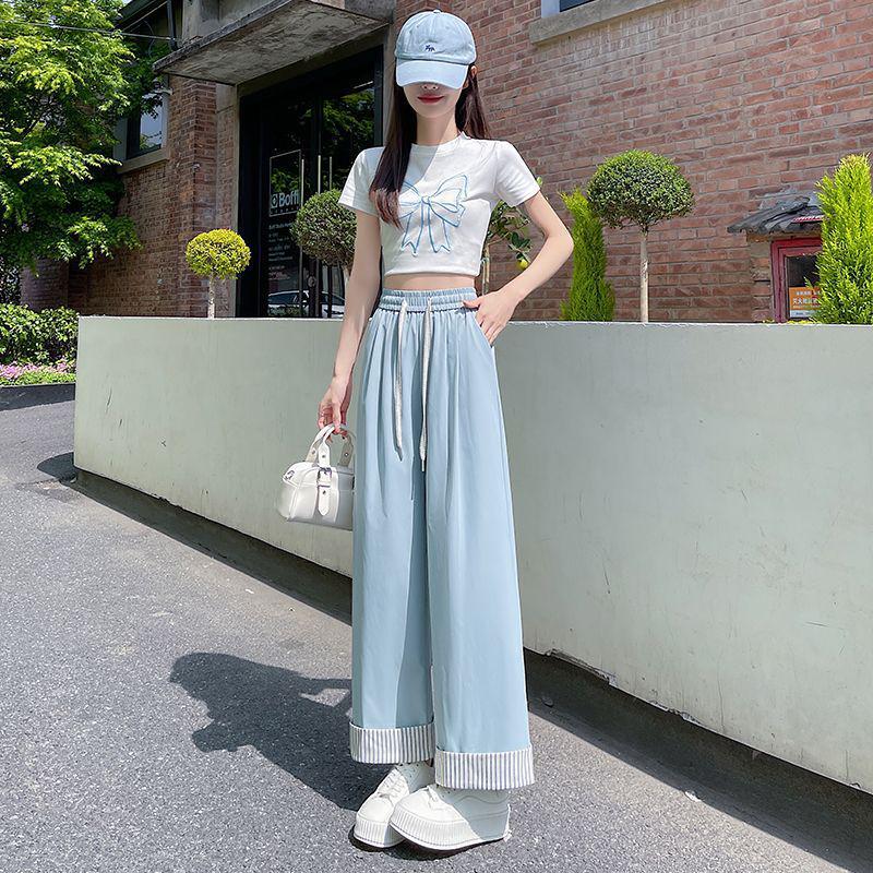 

Striped Wide-Leg High-Waisted Ice Silk Summer Pants for Women 4XL [For 181-200 lbs]