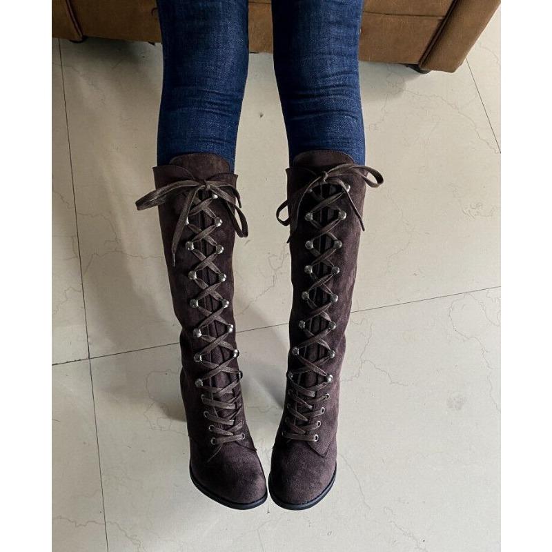 High-heeled Fashion Boots 2025 Winter New Slimming Plus-size Thick-heeled Cross-strap Boots