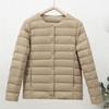 Women's 90% White Duck Down Lightweight Short Jacket - Round Neck, Solid Color, Warm and Collarless for Autumn/Winter