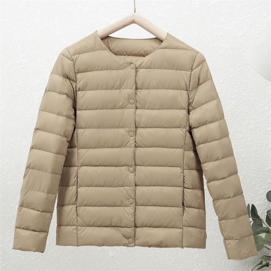 Women's 90% White Duck Down Lightweight Short Jacket - Round Neck, Solid Color, Warm and Collarless for Autumn/Winter