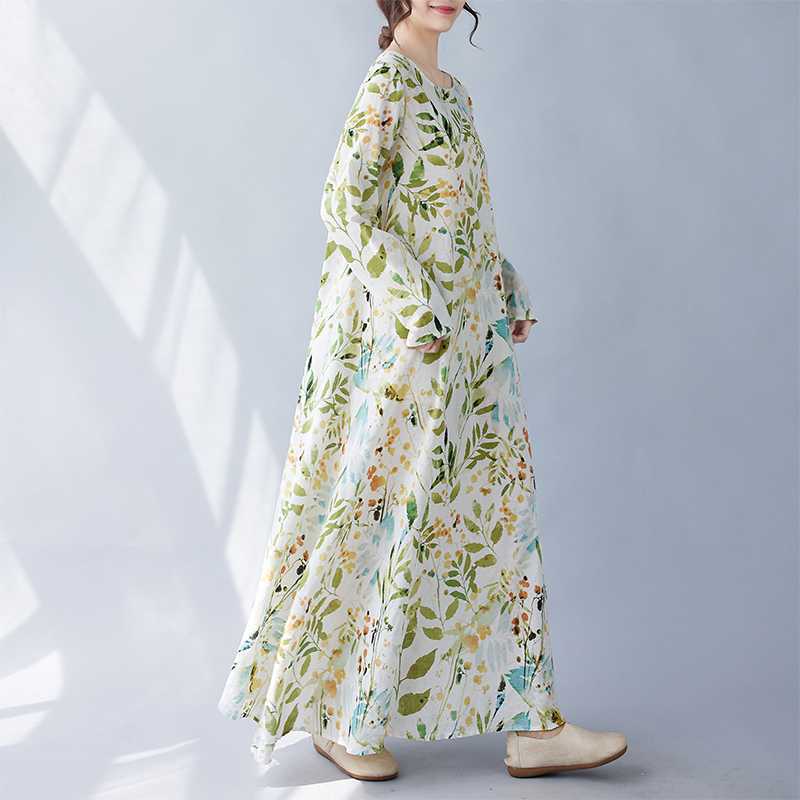 

Настоящее раннее осеннее новое цветное платье в стиле отпуска для путешествий с круглым вырезом в стиле ретро, длинное платье из хлопка и льна L