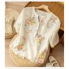 Summer Cotton Linen Blouses Art Retro Print Slimming Short Sleeved Shirt Top for Women