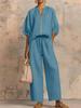 Summer New Women's Imported Casual Loose Solid Color Zippered Crew Neck Wide Leg Pants Set for Women