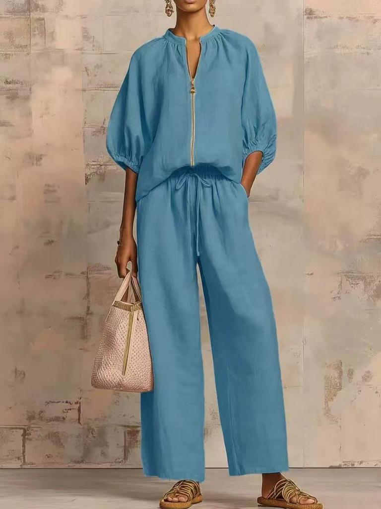 Summer New Women's Imported Casual Loose Solid Color Zippered Crew Neck Wide Leg Pants Set for Women