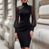 Europäische und amerikanische grenzüberschreitende Frühlings- und Sommer-Eleganz-Temperament High-End-Satin-Netz-Patchwork High-Neck-Taillenbetontes Hüft-Abendkleid d