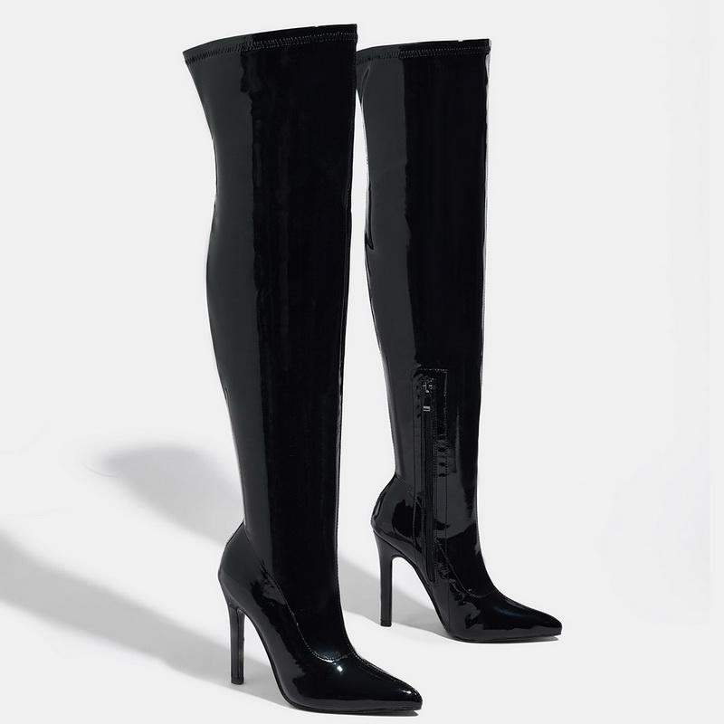 Женские остроносые высокие сапоги-ботфорты на тонком высоком каблуке с боковой молнией эластичные сапоги для офиса ночного клуба вечеринки банкета подиума 35 чёрный 3990₽