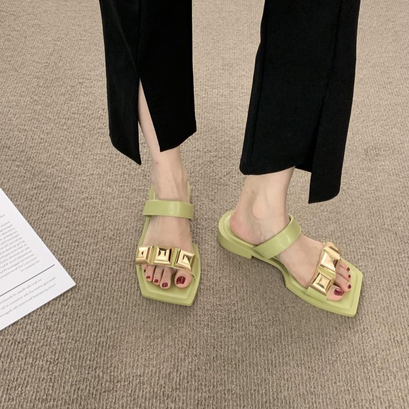 

Женские тапочки с квадратной головкой, женские сандалии на плоской подошве с заклепками, пляжная обувь, повседневные сандалии с открытым носком, женские шлепанцы Muje 2024, новинка 39 зелёный
