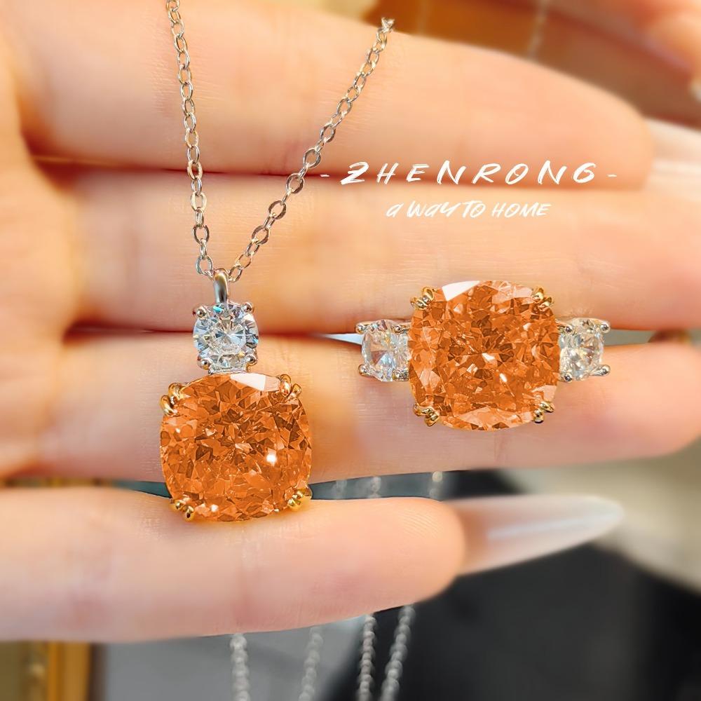 

Women Jewelry Set Luxury Ice Cut Padparadscha Sunset Orange Necklace Morganite Ring High Carbon Diamond Pendant