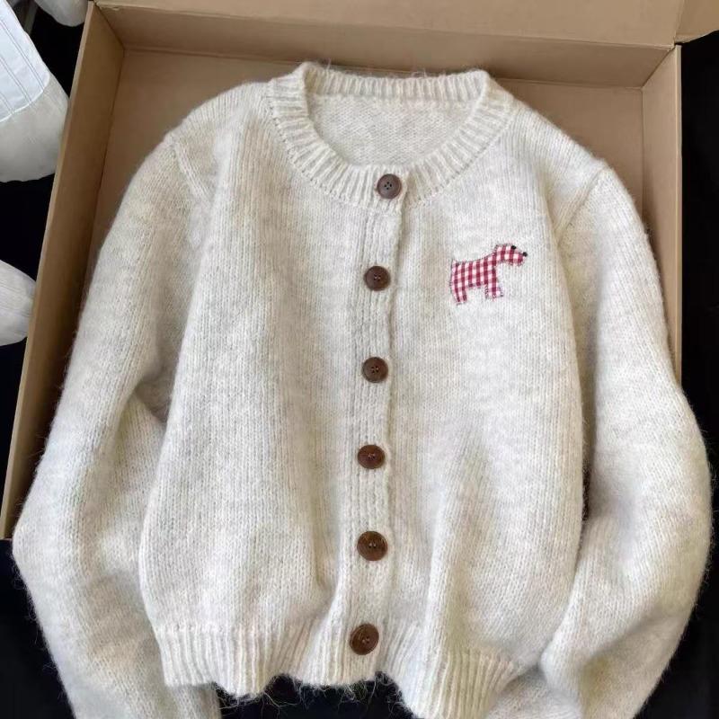Retro puppy sticker soft glutinous sweater cardigan women's autumn and winter wear loose lazy wind knitted sweater top