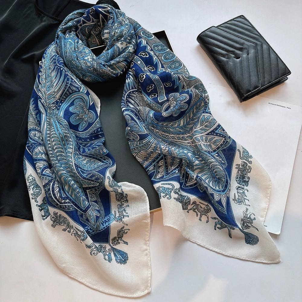130cm Blue Square Scarf Women Large Shawls Vintage Square Bandana Luxury Kerchief Scarf Female Foulards