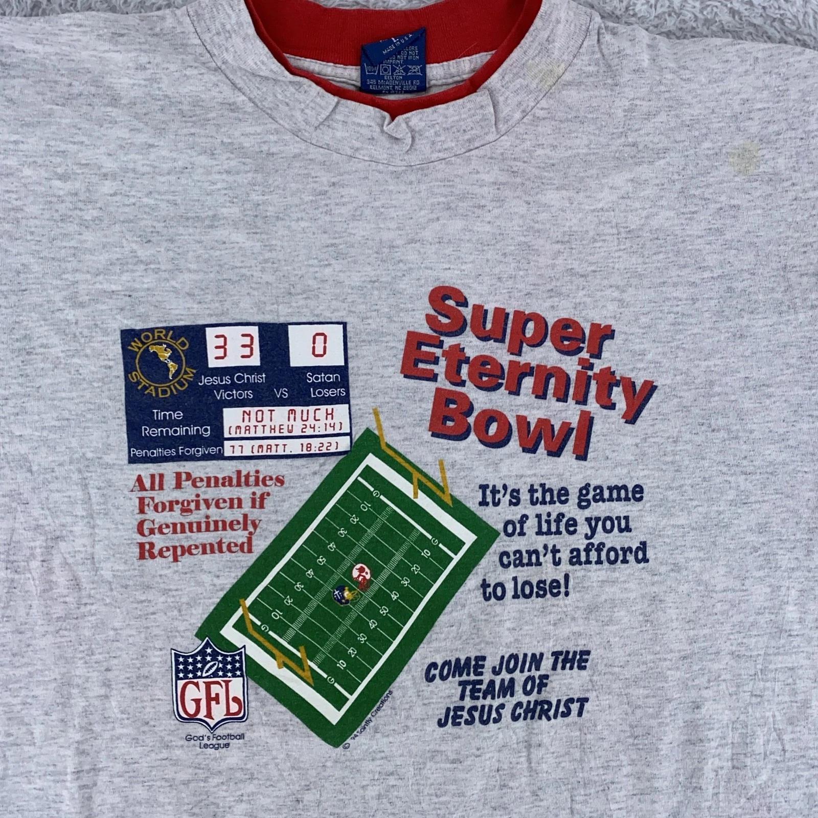 

Vtg 90s God s Football League Super Eternity Bowl Jersey T-Shirt M Jesus Christ L