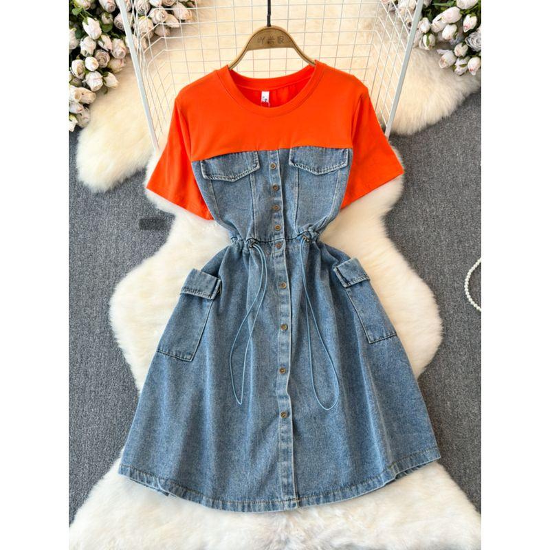 Spring and Autumn Fashion A- line Denim Dress Fake Two-Piece