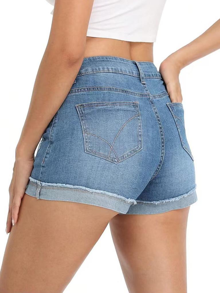 Puffanpop Women's Distressed Denim Shorts Ripped Jeans Shorts Rolled Cuff Hem Snow Wash Casual Summer Shorts