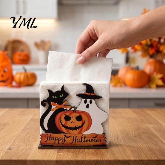 Holiday Party Dining Accessories Halloween Ghost/Cat Wooden Napkin Holder, Cute Paper Towel Decorative Autumn Theme Festive Decor Stand, Freestanding
