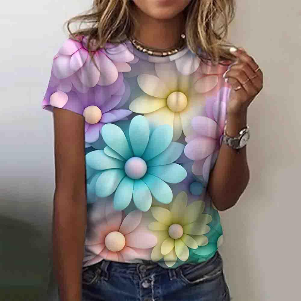 Fashion 3D Floral Print T Shirt for Women Summer Short Sleeve Tees Casual O-Neck Loose Short Sleeve Ladies Top