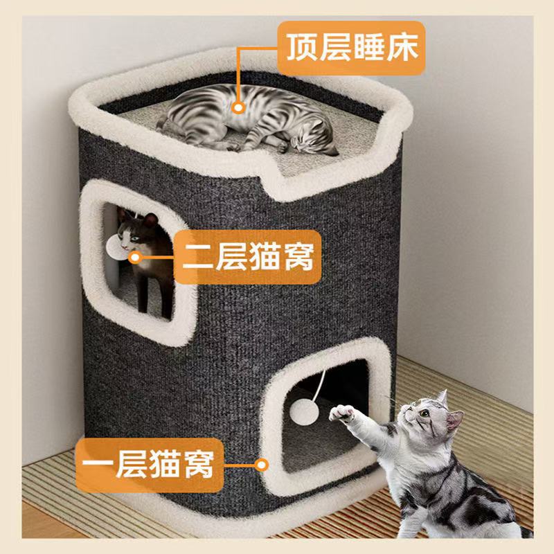 For Cats Tree House Cat Tower with 3-Tier Cozy Caves and All-Season Temperature Control Integrated Vertical Design for Small