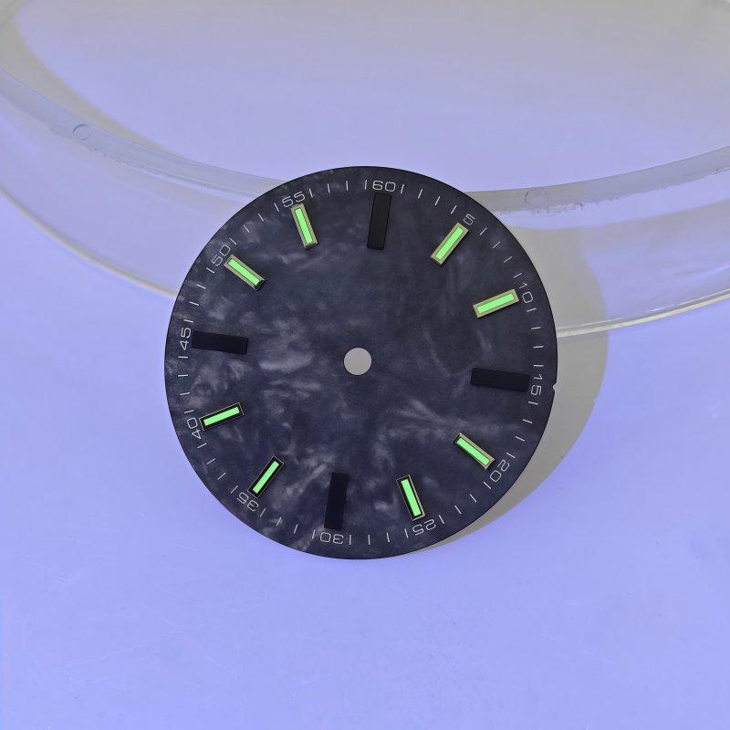 NH35 28.5mm Ohne Logo Schwarzes Karbonfasermuster Uhrenzifferblatt Grüne Leuchtzeiger für NH35 NH36 Automatikwerk Mod-Teil