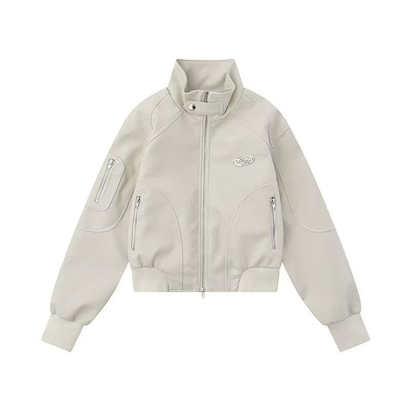 

Женская модная куртка из сплайсированной кожи - воротник-стойка, короткая, свободный крой, осенний стиль 2XL абрикосовый