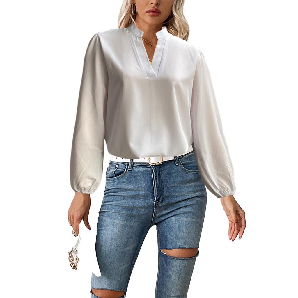 Women's Fashion Loose Standing Collar Bubble Long Sleeve Loose Shirt Casual Top