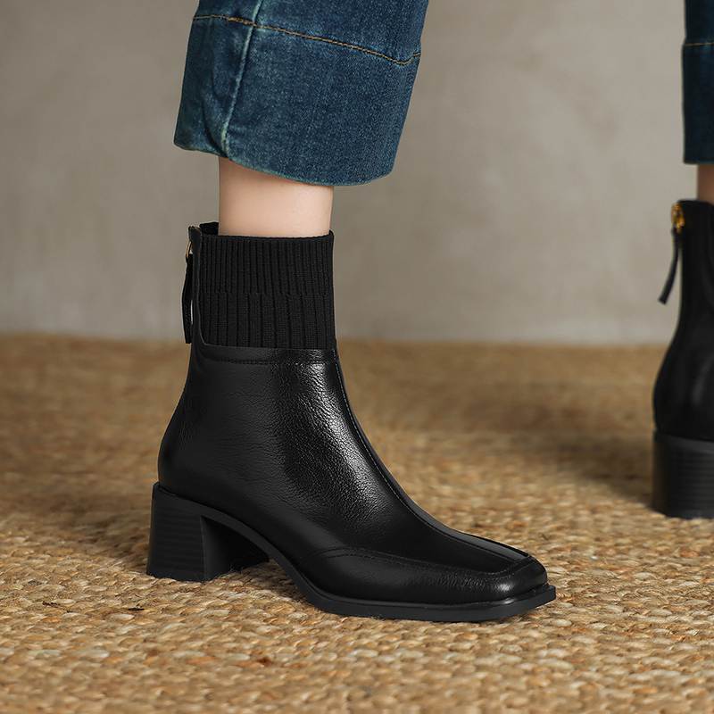 Krazing Pot Sheepskin Autumn Winter Shoes Thick Heels Size 42 Square Toe Zipper Knitwear Vintage Ankle Boots