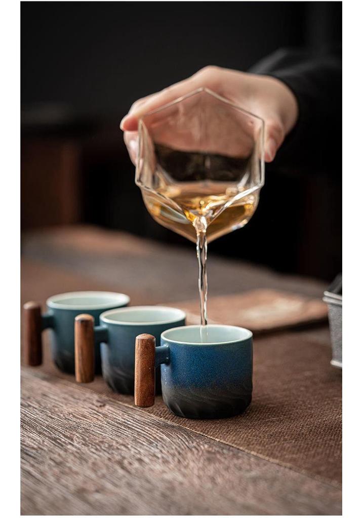 Exquisite Ceramic Tea & Coffee Cup with Wooden Handle - Gradient Glaze, Gift Box Set