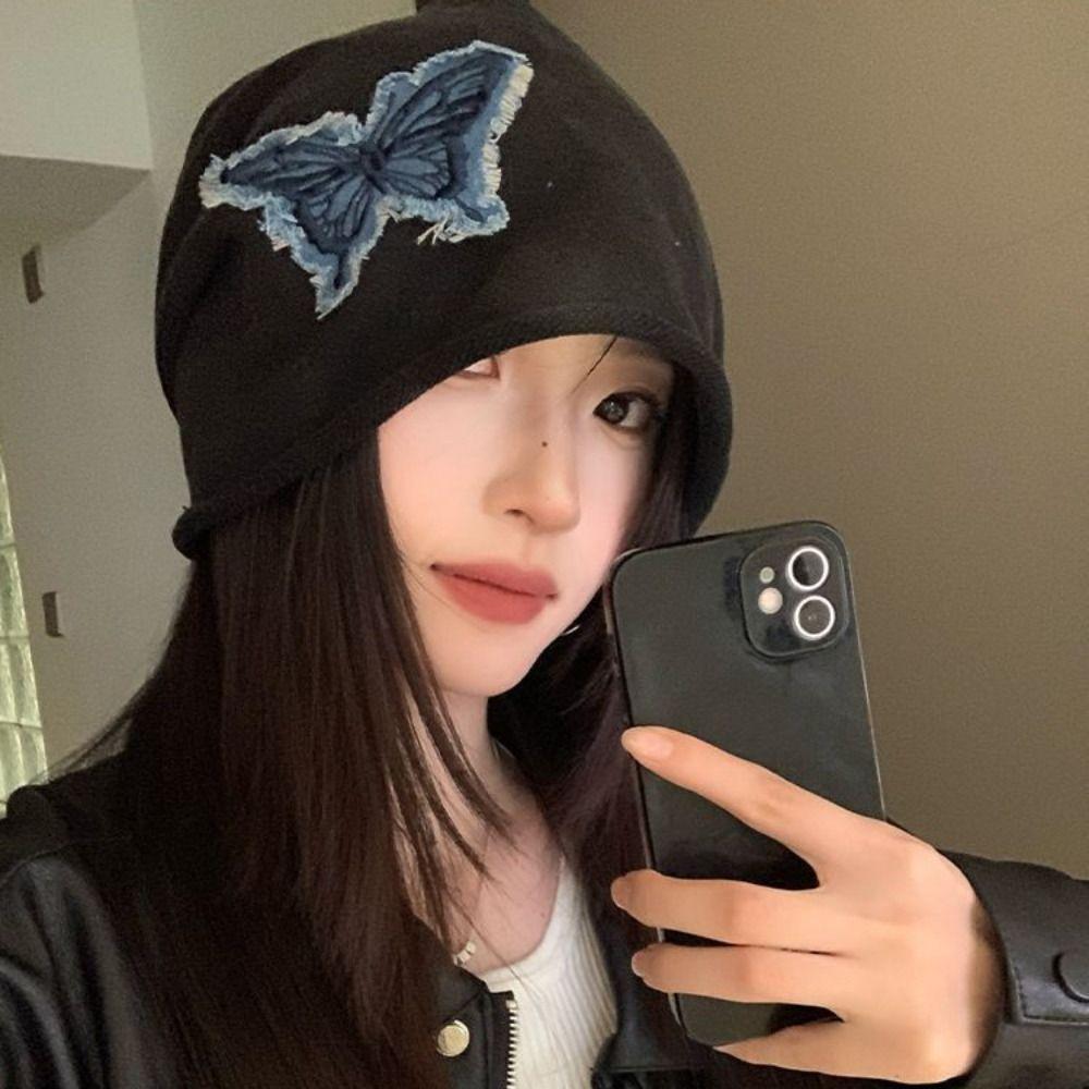 Patch Retro Skullies College Style Pullover Hat Casual Butterfly Beanies  Outdoor