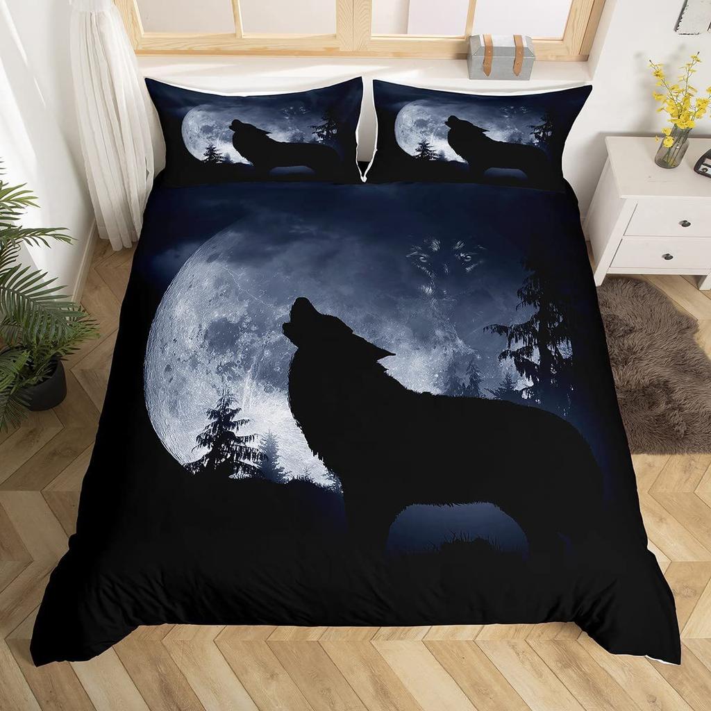 Wolf Sternenhimmel Wald Bedrucktes Bettbezug-Set Bettwäsche-Set für Schlafzimmer Dreiteiliges Set