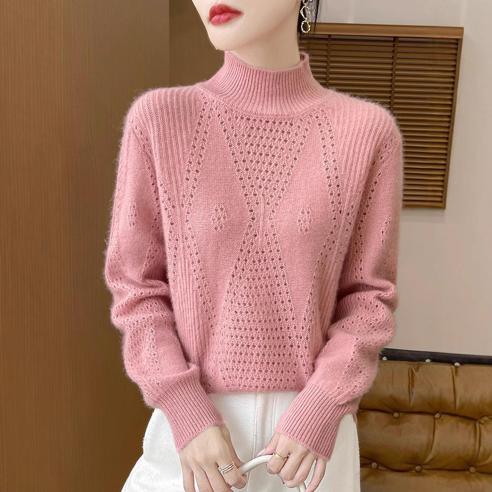 Women's Diamond Lace Wool Sweater - Autumn/Winter Solid Color Knit Top