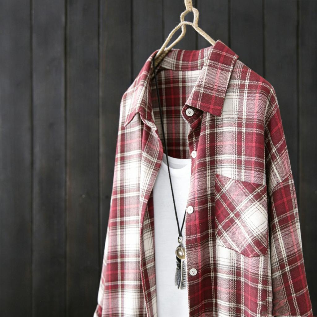 Plus Size Lightweight Retro Women Button Front Shirts for Spring/Summer Mid Length Plaid Blouse Long Sleeve Tops Blusa Feminina