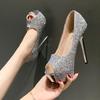 Sequin Peep-Toe High Heel Women's Shoes - Thin Heel, Waterproof Platform, Shallow Mouth, Ideal for Nightclub or Banquet.