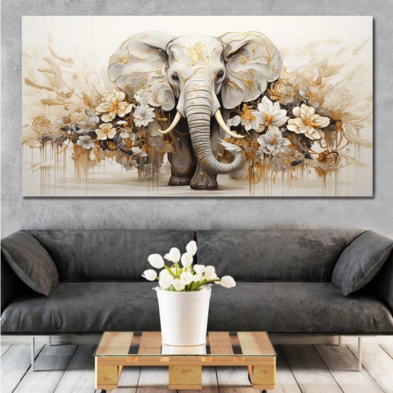 Abstract Olifant Canvas Schilderij Muurkunst Witte Bloemen Gouden Bladeren Gouden Textuur Posters en Prints voor Woonkamer Decor