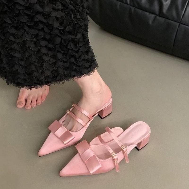 Summer Pointed Toe Women Muels Slippers Fashion Butterfly-knot Thick Heels Party Dress Shoes Buty Designer Sandals for Women