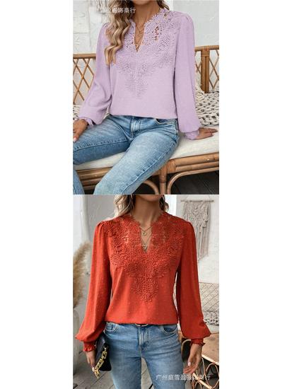 Autumn/Winter V-Neck Lace Long Sleeve Casual Solid Color Women's Top