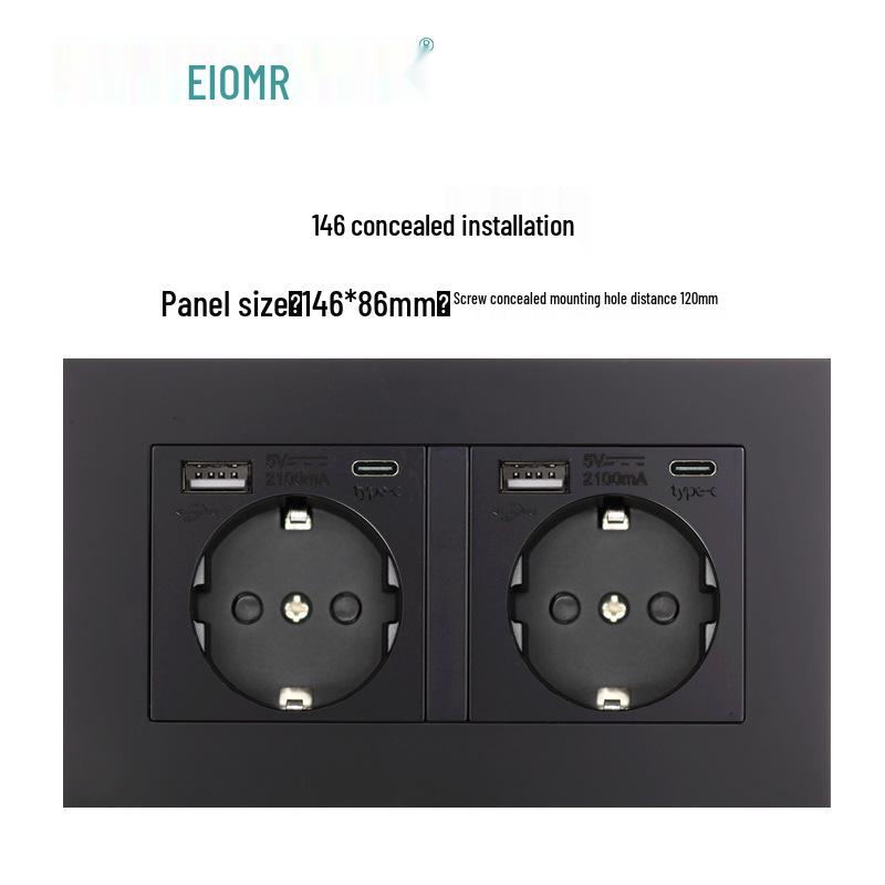Black 16A German Standard Socket Panel with Double USB + Type C, Concealed European Installation