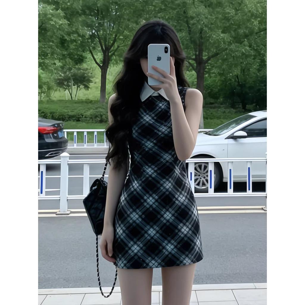 Korean Wear College Style Retro Plaid Sleeveless Temperament Dress, Especially Beautiful Waist Skirt 2026 Summer