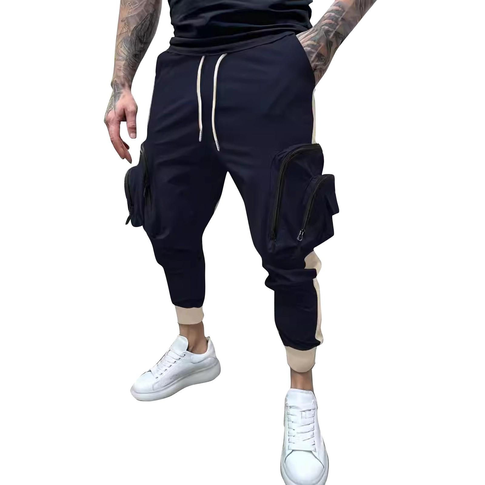 

Мужской комбинезон на молнии с цветными блоками и множеством карманов, с завязками на шнурке, мужские повседневные брюки с завязками на шнурке XL тёмно-синий