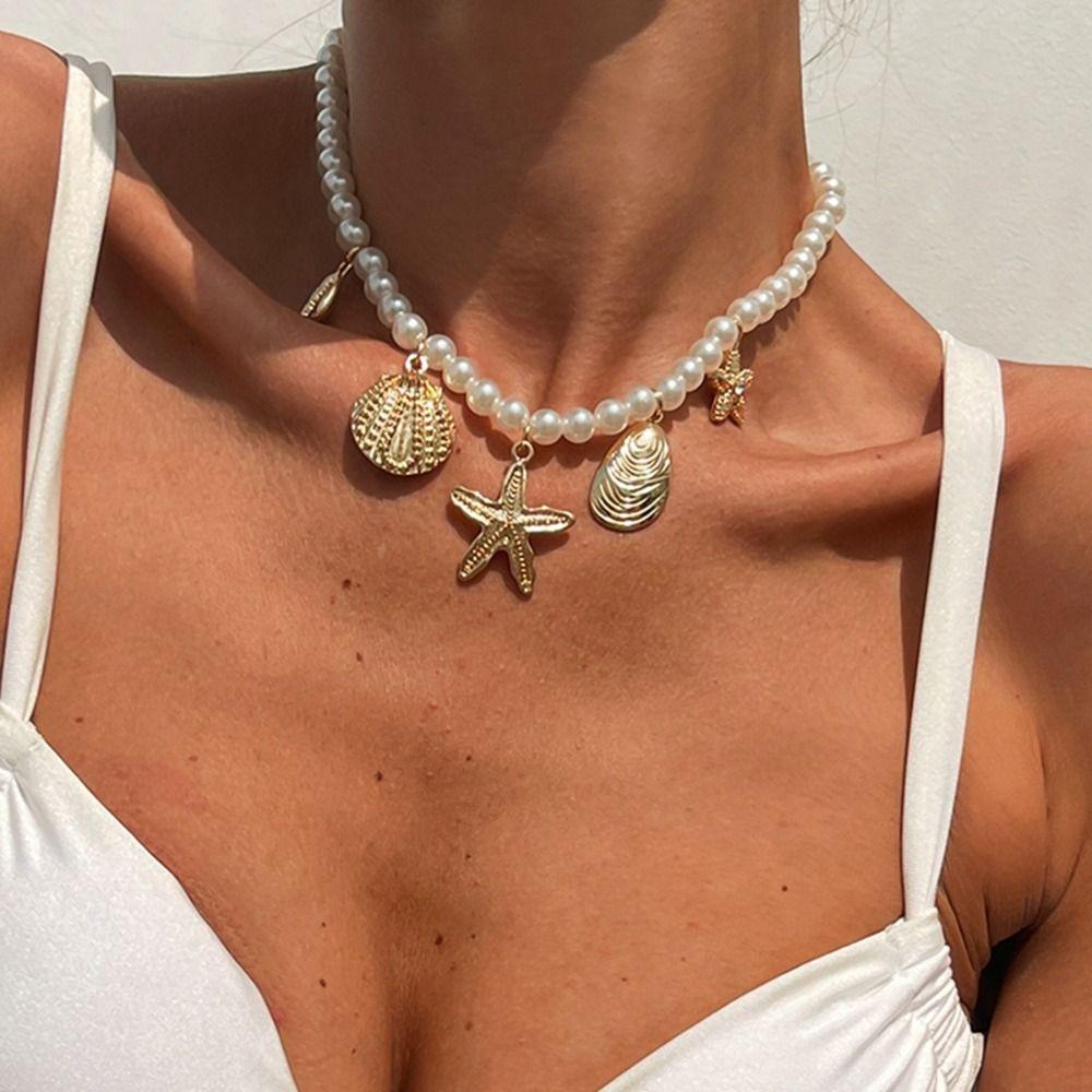 Metal Pearl Shell Necklace Exquisite Beach Style Necklace Fashion Pearl Beaded Necklace  Daily