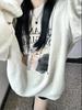 Silver Fox Velvet Pure Cotton Women's Retro Cat Print Sweatshirt - Round Neck, Loose Fit, Autumn Winter Casual Style.
