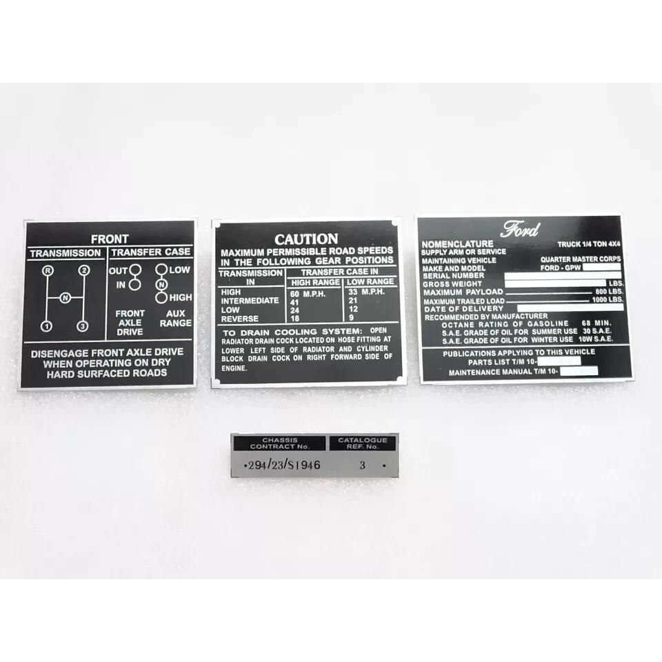 Dash Data Plate Aluminum Black Set Of 4 For Jeeps Willys Ford CJ2A CJ3A CJ3 |Fit