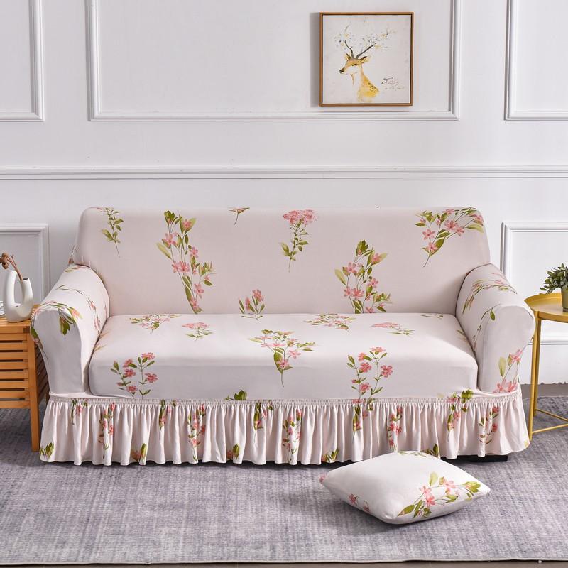 Elastic Stretchable Sofa Cover with Skirt Washable Furniture Protector Printed Slipcovers with Elastic Bottom for Living Room