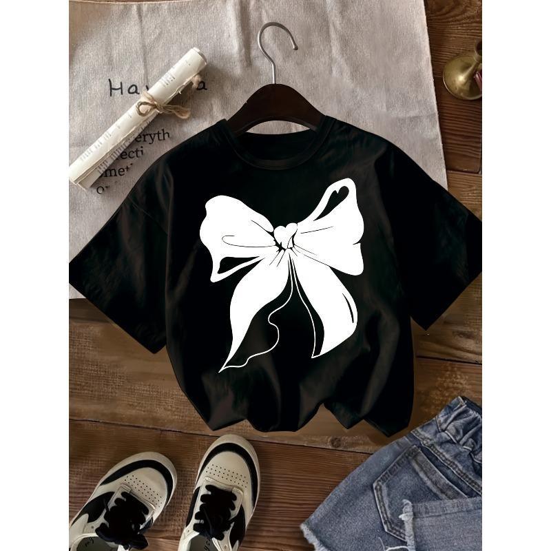 European sizes Sweet Bow Print T-Shirt - Short Sleeve Round Neck Summer Blouse Top, Casual Summer Outfits for, Playdates & Parties