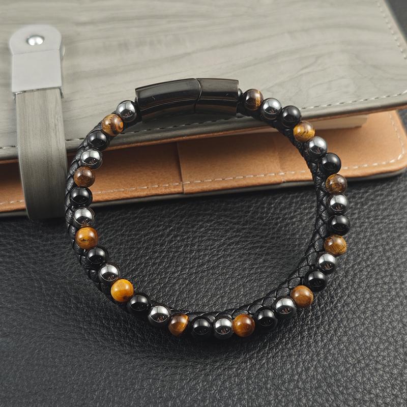 Classic Leather Beaded Bracelet Men's Stainless Steel Magnetic Buckle Bracelet Bangles For Friend Jewelry Accessories Gift