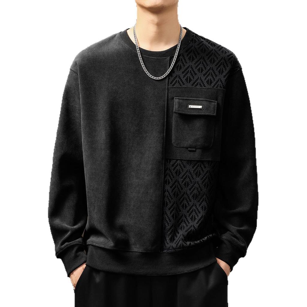 High-End Retro Jacquard Patchwork Raglan Sleeve Men's Sweatshirt - Autumn Heavyweight Trendy Round Neck Casual Top