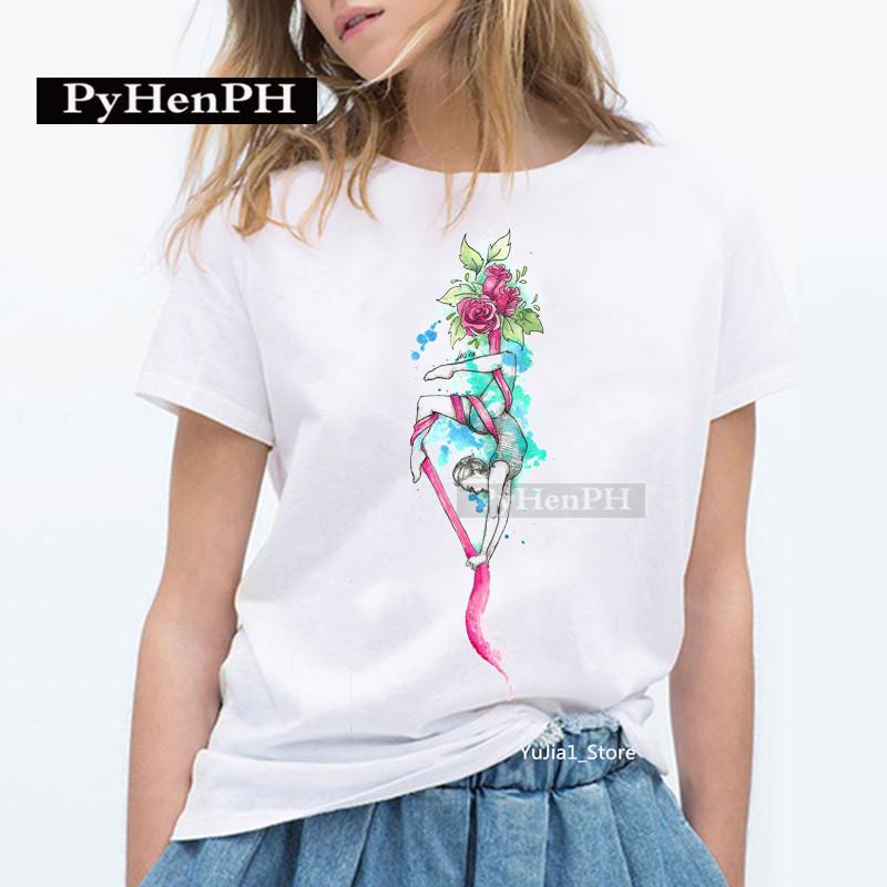 Elegant Ballet Print Short Sleeve T-shirt Women's Slim Fit Summer Top Modal Fabric Student Girl Fashion Polyester