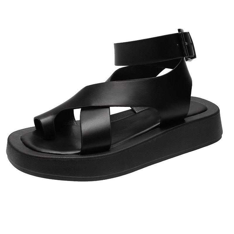 Clip Toe Sandals Women Solid Leather 2025 Summer New Sandals Ladies Roman Women Shoes Muffin Sandals Platform Shoes Woman